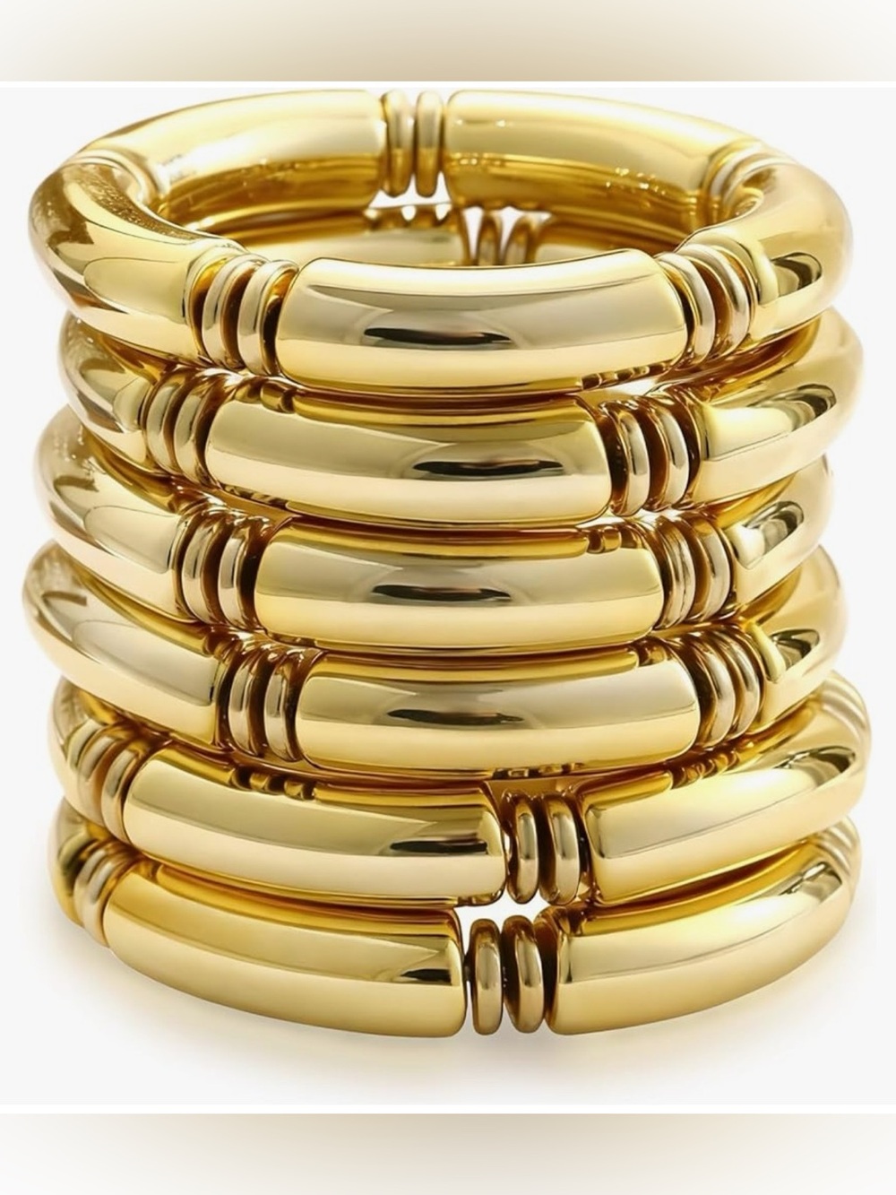 6pc Chunky Gold Tone Stacking  Bangle Bangle Set - Bamboo Style Resin Bracelets